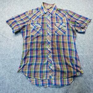 Vintage Sears Western Wear Shirt Men Medium Multi Plaid Pearl Snap Short Sleeve